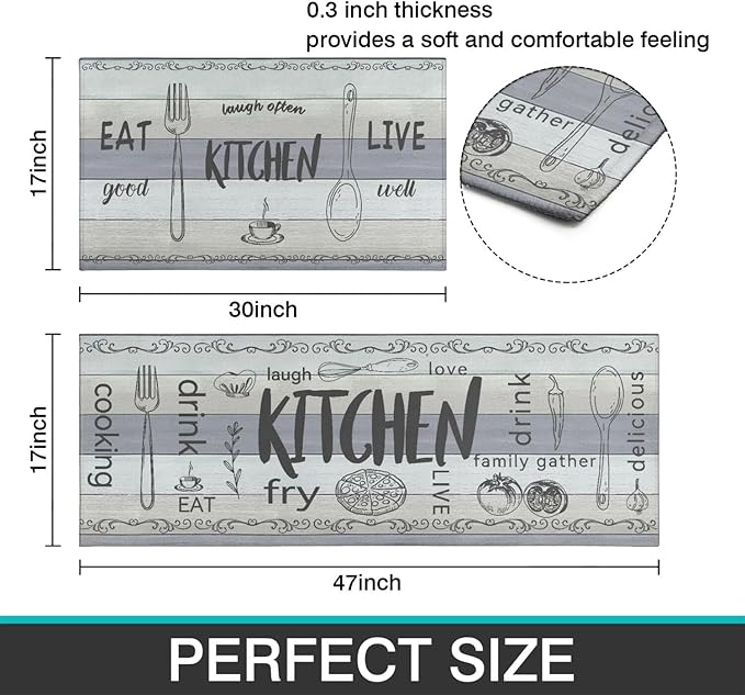 Kitchen Rugs Sets of 2 - Non Slip Washable Microfiber Kitchen Rug, Farmhouse Country Kitchens Rugs and Mats for Decor, Sink, Stove, Laundry, Machine Washable,（17"x 48"+17"x 24"）