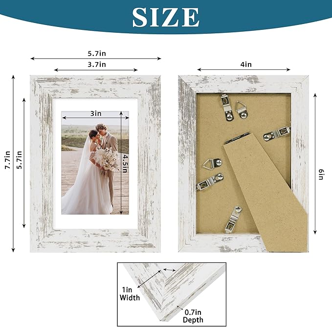 4x6 Picture Frame Set of 2, Made of Real Glass and Distressed White Wooden Frame - Display Pictures 3.5x5 with Mat or 4x6 Without Mat, 4 by 6 Photo Frame for Wall or Tabletop Display