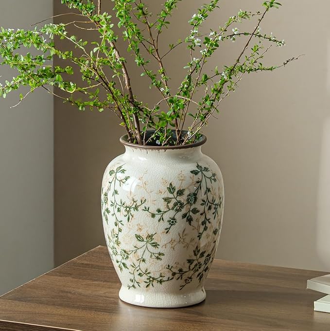Vintage Green and Beige Vase, Round Ceramic Floral Vases, Retro Ice Cracked Chinoiserie Vase for Home Decor, Living Room, Bookshelf, Office, Grand Millennial Decor, Rustic Table Centerpiece 8 Inch