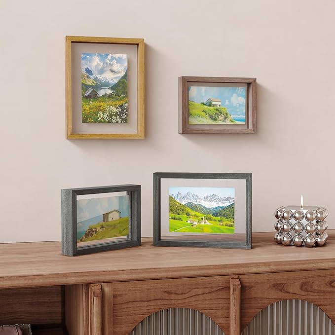 Egofine 5x7 Floating Frames Set of 2, Double Plexiglass Picture Frame, Made of Solid Wood Display Any Size Photo up to 5x7, Wall Mount or Tabletop Standing, Faded Black