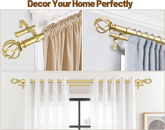 KAMANINA 1 Inch Double Curtain Rod 72 to 144 Inches (6-12 Feet), Gold Curtain Rods for Windows 66 to 120, Heavy Duty Telescoping Drapery Rod with Twisted Cage Finials