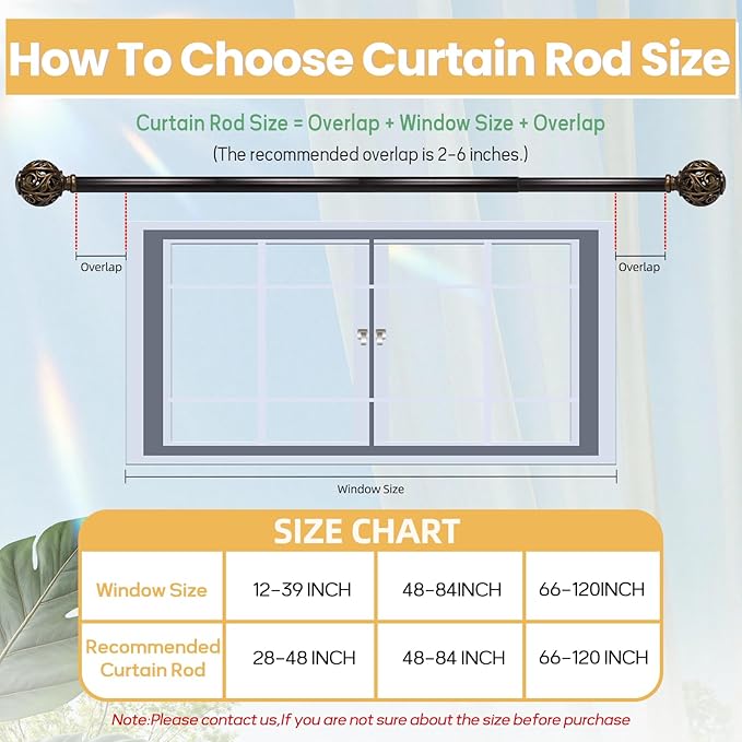 1 Inch Curtain Rod For Windows 48 to 84 Inches, Heavy-Duty Adjustable Decorative Curtain Rod With Rattan Leaf Hollow Finials For Bedroom And Living Room Bronze