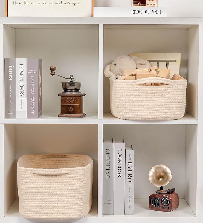 CubesLand Cube Storage Organizer Basket Bin, Rectangular Cotton Rope Basket, 14x10x7.08IN Beige