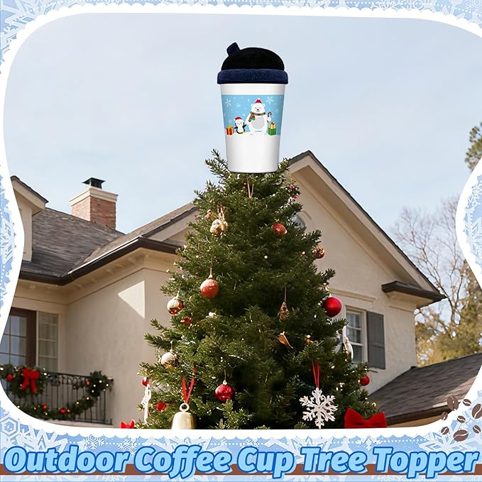 Coffee Cup Christmas Tree Topper, 8inch Coffee Themed Gifts with Winter Polar Bear Penguin and Snowflake Velvet Tree Top Decor for Home/Office Coffee Party Xmas Christmas Decoration, Coffee Lover