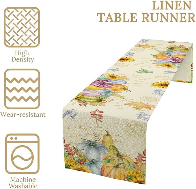 Fall Table Runner Watercolor Pumpkins Sunflowers Maple Leaves Baroque Floral Birds Country Thanksgiving Home Decor for Farmhouse Indoor Outdoor Party Holiday Dining Kitchen Restaurant Cafe W13xL36in