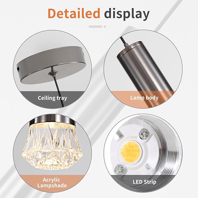 Modern LED Pendant Light, Luxury Diamond Mini Strip Hanging Light, 3 Color Temperatures, Kitchen Island Ceiling Lighting Fixtures for Dining Room, Bar, Hallway, Living Room, Bedside