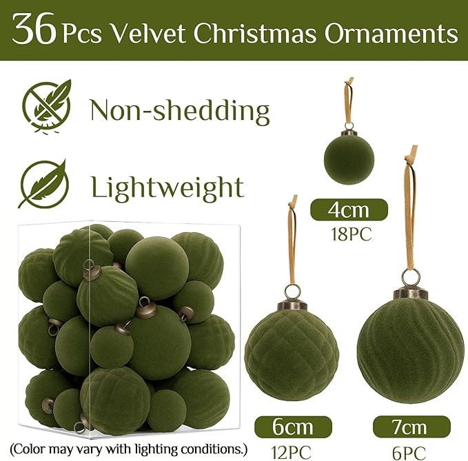 XmasExp 36PCS Velvet Christmas Ornaments Set Mixed Flocked Balls Ornaments Shatterproof Christmas Tree Decorations for Holiday,Party,Home（Green）