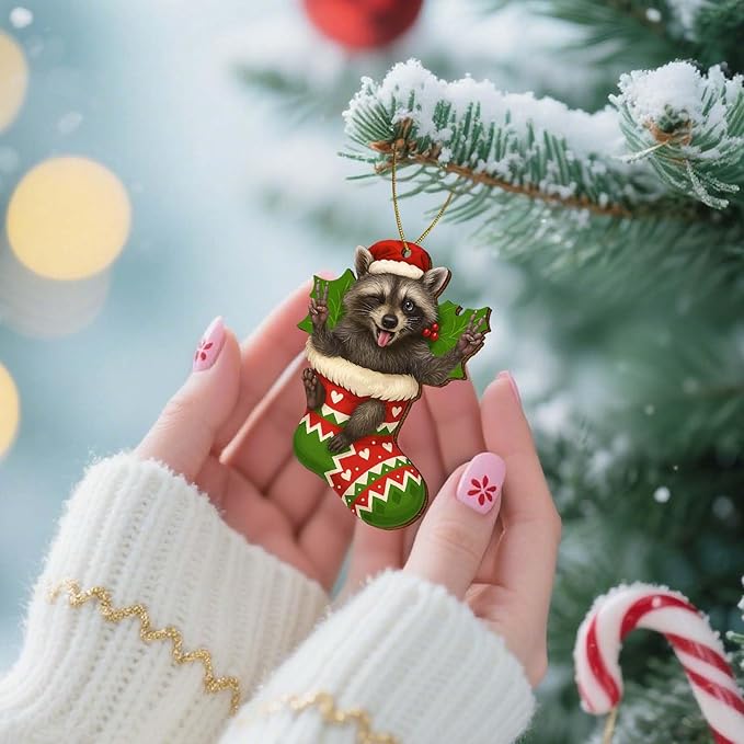 2 Side Printed Flat Christmas Wooden Ornaments, Animal Keepsake Hanging Tree Decoration, Sock Raccoon Ornament