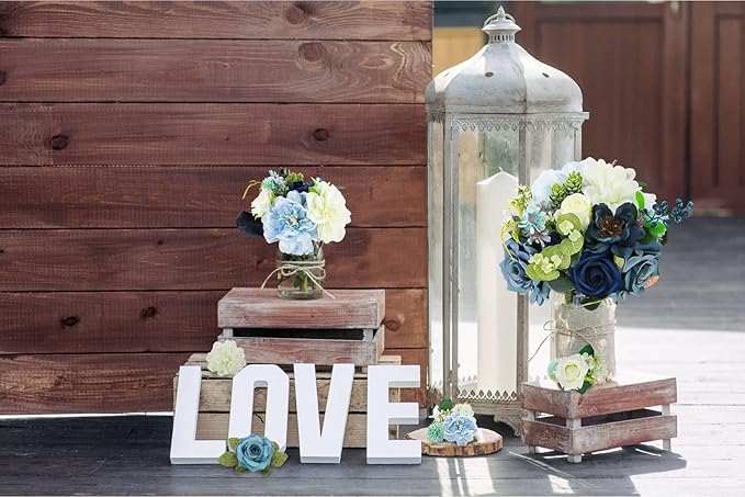 Artificial Flowers Combo Box Set,Silk Fake Flowers Roses Bridal Bouquets Out/Indoor DIY Centerpieces White Flowers for Decoration Arrangements Party Baby Shower Home Cake Decor (White&Blue)