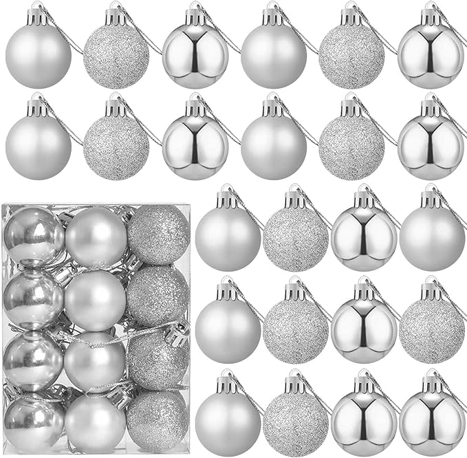 24 Count Small Silver Ornaments for Mini Christmas Tree, Small Shatterproof Christmas Tree Ornaments Balls Party Decorations, 1.6 inch