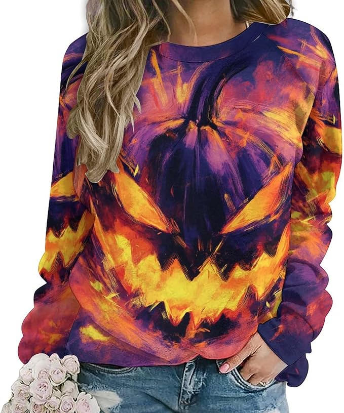 Halloween Sweatshirts for Women Funny and Spooky Print Crewneck Oversized Pullover Outdoor Lounge Fashion Sweater