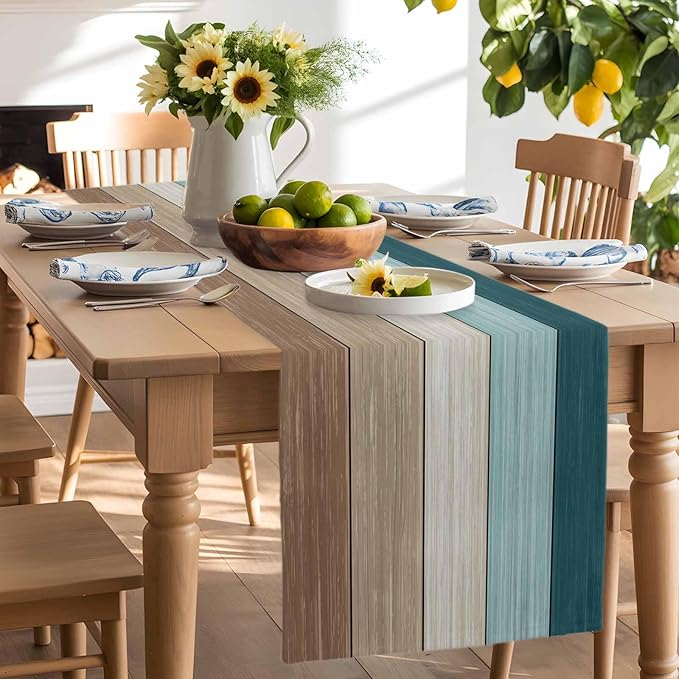 Teal Blue Brown Table Runner, Beach Cotton Linen Tablecloth Summer Holiday Farmhouse Table Decorations for Home,Kitchen,Dining Room,Indoor,Outdoor,18X72 Inches Long,Retro Rustic Barn Wood Texture
