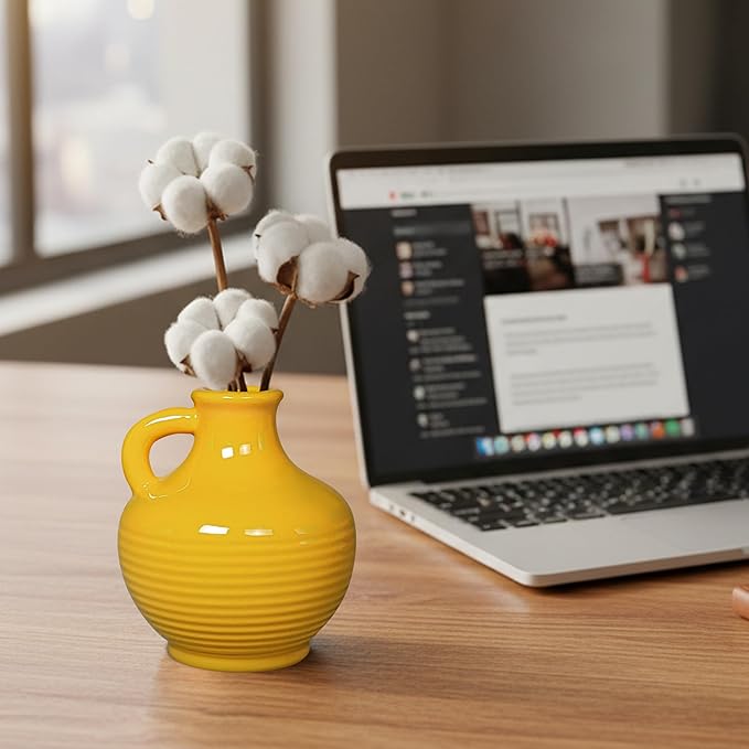 Sunddo Yellow Ceramic Vase 6 Inch - Small Modern Decorative Vase with 1 Handle for Home Decor, Living Room, Kitchen, Shelf, and Centerpiece Table Decorations