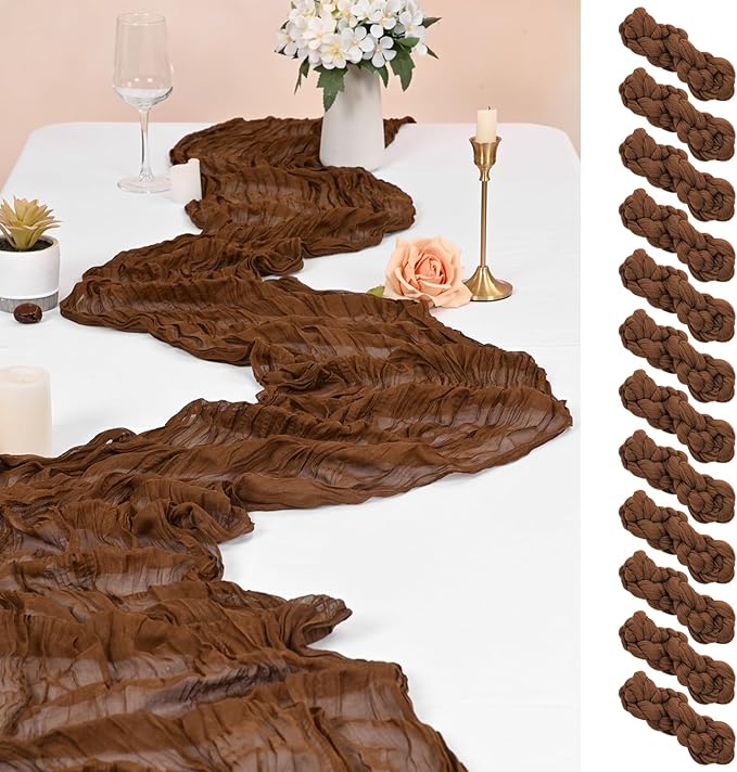 12 Pack Brown Cheesecloth Table Runner 10FT Cheese Cloths for Wedding Decor, 20x120inch Rustic Boho Gauze Table Runners for Wedding Party Bridal Shower Table Decoration