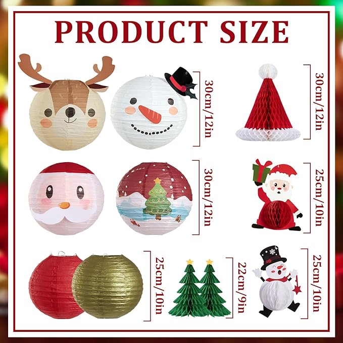 Christmas Hanging Paper Lanterns and Honeycomb Set, 11 PCS Santa Snowman Reindeer Theme Lanterns and Paper Christmas Tree Honeycombs, Holiday Ceiling Party Decorations for Home, Classroom