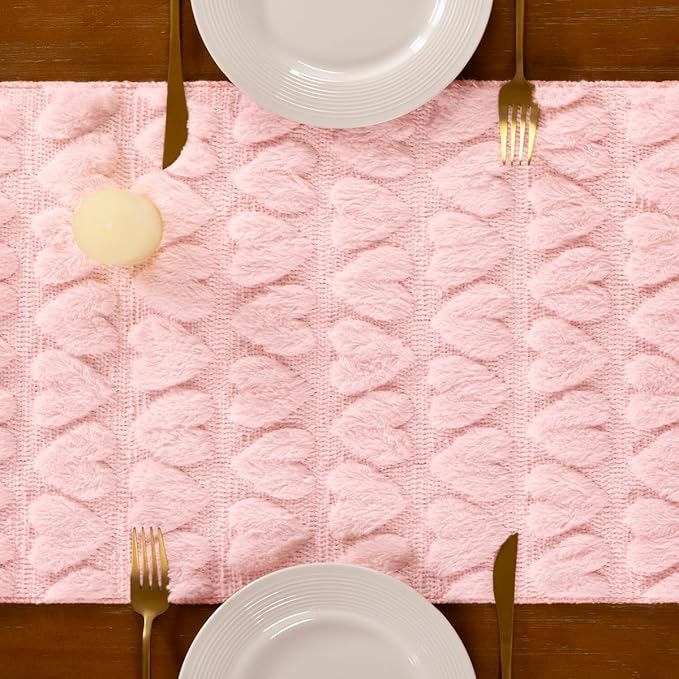 Socomi Pink Heart Valentine's Day Romantic Plush Faux Fur Jacquard Table Runner for Holiday Kitchen Dining Table Decoration Home Party Decor 13x72 Inch