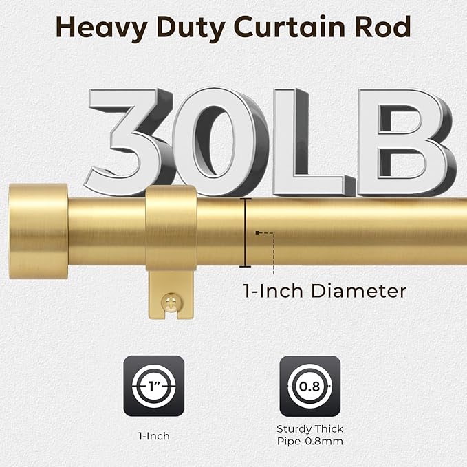 Zeerobee Curtain Rods for Windows 32 to 72, Brushed Gold Curtain Rod, Adjustable 1 Inch Heavy Duty Outdoor/Indoor Modern Drapery Pole, 32"-72"
