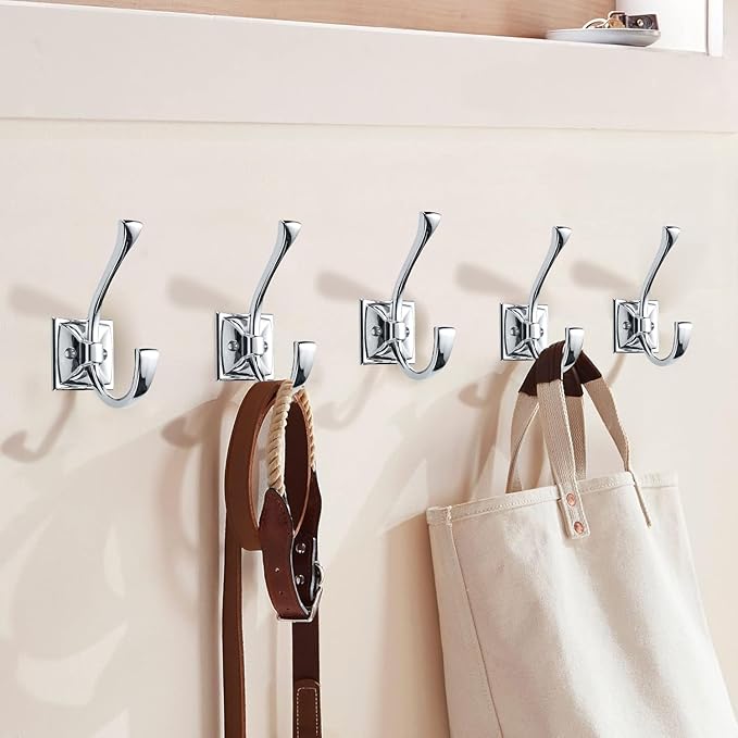 Large Wall Hooks - 2 Pack Polished Chrome Coat Hooks for Hanging Coats, Towels, Robes - 4.35 Inch Double Wall Mounted with Screws for Keys, Bags, Cups, Hats