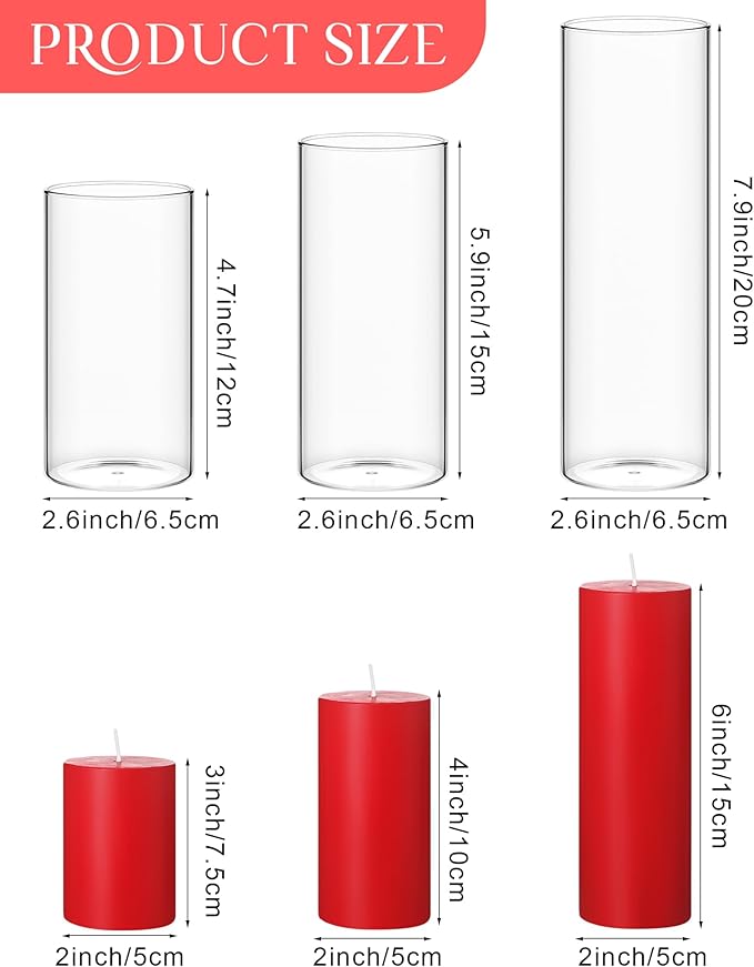 Shihanee Set of 3 Pillar Candles and 3 Glass Cylinder Candle Vases Holders Clear Pillar Jars for Wedding Centerpieces(2.6'' X 4.7'', 5.9'', 7.9'',Red)