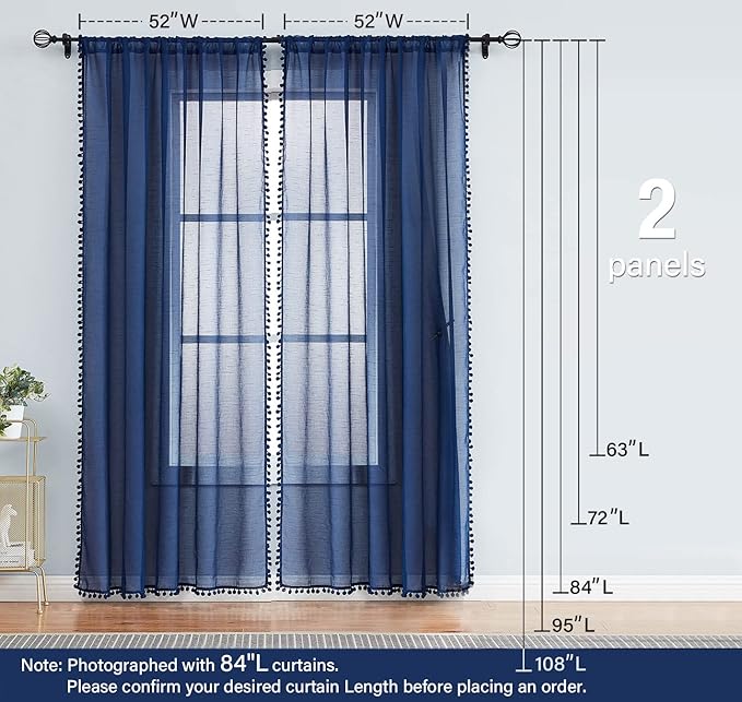 Treatmentex Pom-Pom Navy-Blue Sheer Curtains for Bedroom Windows 84inches Long Linen Textured Look Sheer Drapes for Living Room 52" w x 2Pack