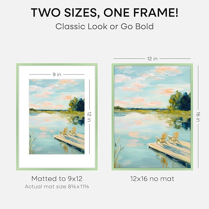 Homeforia 12x16 Sage Green Picture Frame, High End Metal 12x16 Poster Frames with Mat 9x12 Photo, 12 x 16 Sage Green Frame Matted to 9 by 12 Art, 16x12 Thin Frames, Tempered Glass, Wall Kit, Set of 2