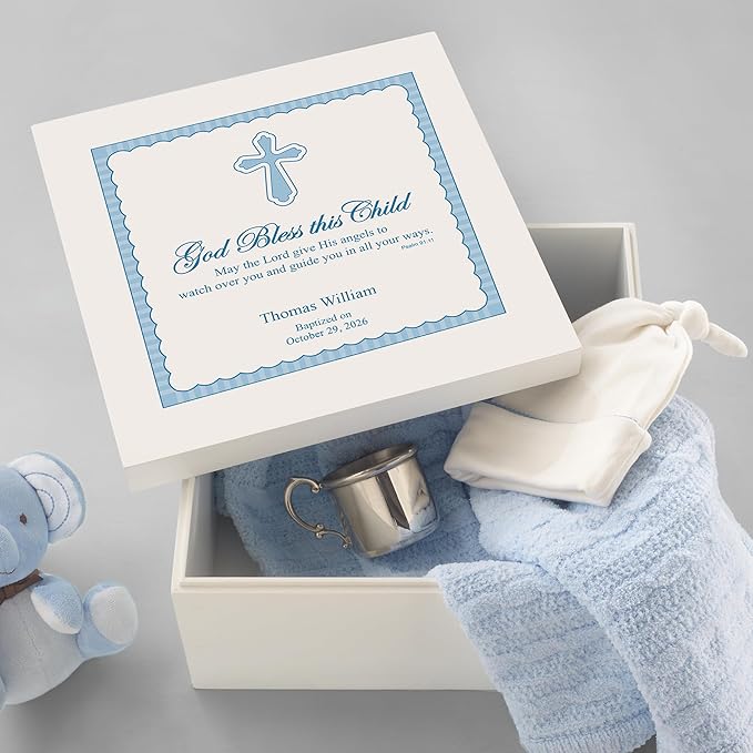 Let's Make Memories Personalized Keepsake Box for Blessed Child - Memories Box - Baptism - Confirmation - Memento Storage - For Boys - 6" Hx12 Sq - God Bless - Blue