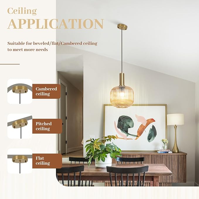 Amber Glass Pendant Light 8 inch, Mid Century Modern 1-Light Pendant Lighting for Kitchen Island Dining Room Bedroom Bar, Vintage Gold Adjustable Hanging Light Fixture Ceiling Mount