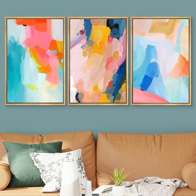 SIGNWIN Framed Canvas Print Wall Art Set Vibrant Rainbow Paint Stroke Collage Shapes Abstract Illustrations Modern Art Decorative Nordic Calm/Zen for Living Room, Bedroom, Office - 16"x24"x3 Natural
