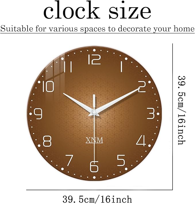 XNM Large Wall Clocks Battery Operated 16 Inch Modern Glass Wall Clock for Living Room Brown Minimalist Wall Clock Silent Non Ticking