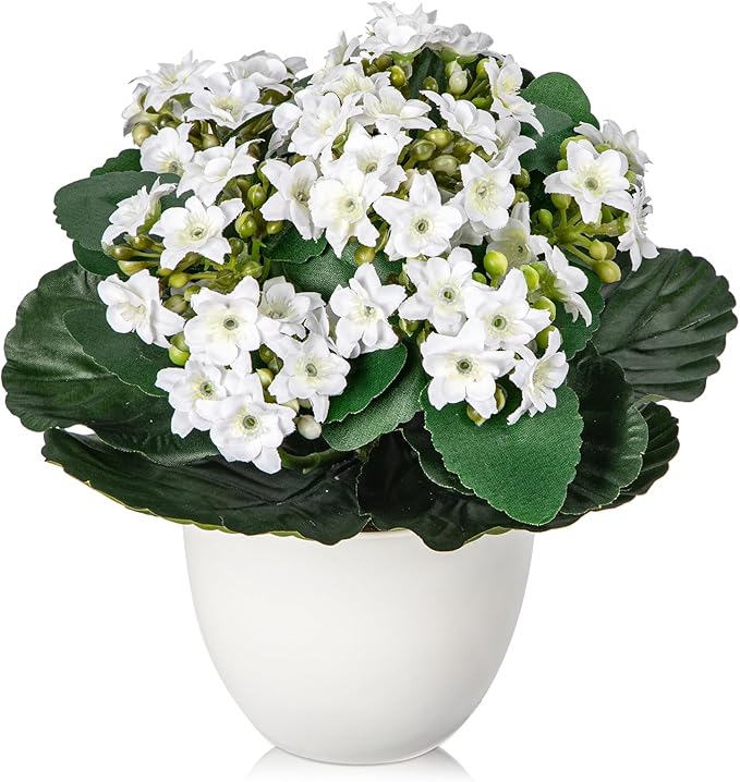 Kalanchoe Artificial Flowers Bush White Faux Silk Flowers Artificial Plants & Flowers in Vase Small Potted Plant Fake Flower with Pot Arrangement Home Decor Office Bathroom Shelf Desk Decoration
