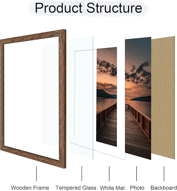 20x28 Poster Frame Set of 2, 20 x 28 Wood Picture Frames with Mat for 16x24, Wooden Photo Frame with Tempered Glass Cover for Wall Mounting Display, Rustic Brown