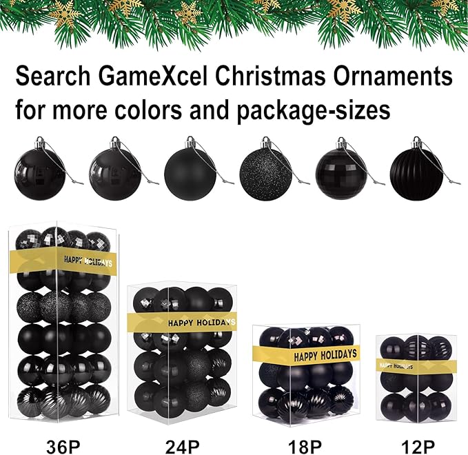 Black 1.6" Small Christmas Balls Christmas Tree Decoration Ornaments Shatterproof Hanging Balls for Birthday Halloween Holiday Wedding Decorations Set of 12pcs