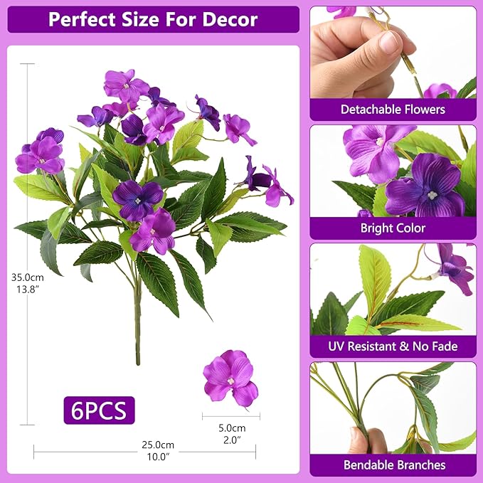 Artificial Fake Flowers for Outdoor, 6 Bundles UV Resistant Faux Plants Decoration Silk Flowers No Fade Plastic Flowers for Outside Planters Home Porch Patio Yard Garden Decor(Purple)