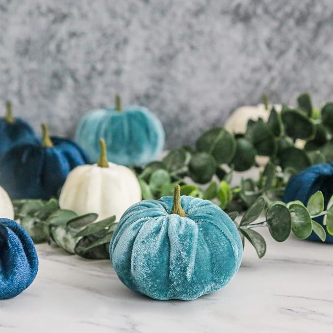 Romingo Halloween Artificial Pumpkins 12 Pack Fake Artificial Velvet Small Pumpkins for Fall Harvest, Thanksgiving, Christmas Party Decoration