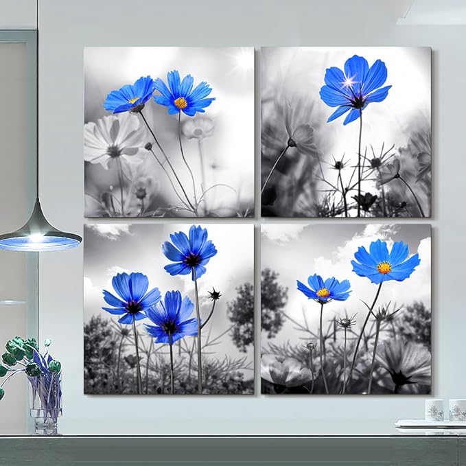 Canvas wall art for kitchen Simple Life Black and white landscape cyan blue flowers wall Decor for bedroom Artwork 12" x 12" 4 Pieces Framed Canvas Prints Ready to Hang or living room Home Decoration