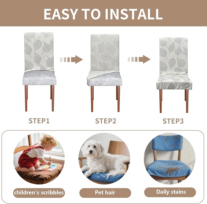Dining Chair Covers,Dining Room Chair Covers Set of 4,Printed Chair Slipcover, Soft Removable Washable,Pet Friendly Furniture Protector Seat Cover,Universal Fit for Hotel,Banquet（Beige Leaf）