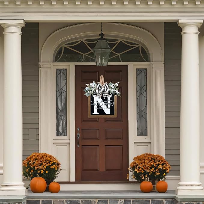 Ultra Large 14'' Last Name All Year Round Front Door Wreath with 26 Initial Letter Welcome Sign All Seasons Eucalyptus Garland and Bow Wreaths for Front Door Porch Farmhouse Decoration (N)