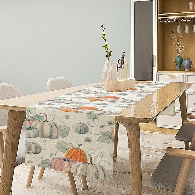 Fall Pumpkin Table Runner Vintage Leaves Plant Motifs Thanksgiving Theme Watercolor Illustration Home Decor for Farmhouse Indoor Outdoor Party Holiday Dining Kitchen Restaurant Cafe W13xL60in