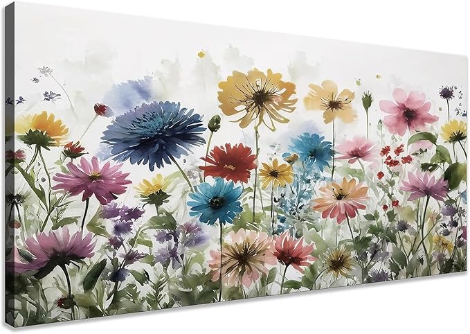 KZKU Flower Wall Art Canvas Prints Home Decor for Living Room Dining Room Bedroom Office Bathroom Multi-colored Watercolor wildflowers Pictures Wall Decor 20" x 40" Artwork