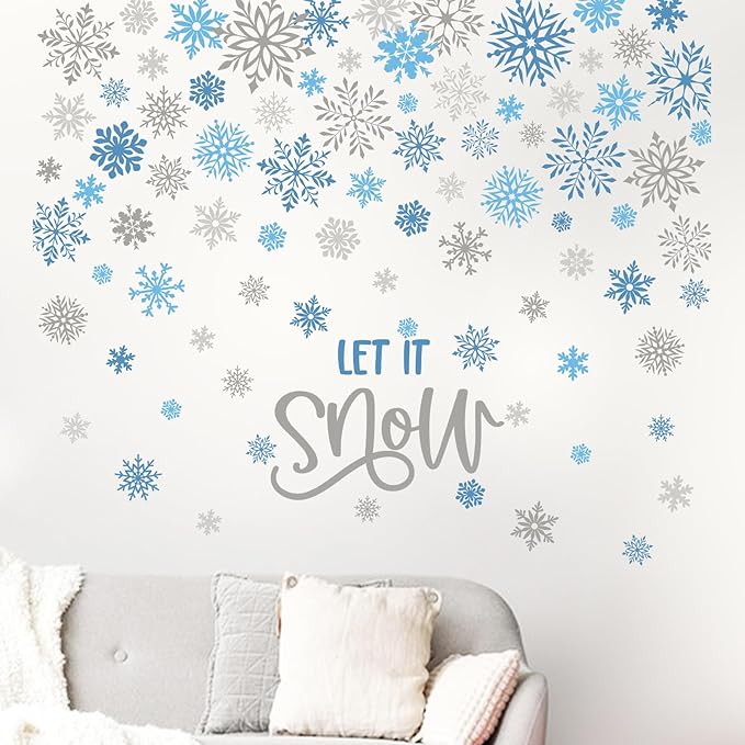 Mfault Winter Blue Grey Snowflake Wall Decals Stickers, Let It Snow Decorations Bedroom Art, Christmas Seasonal Home Living Room Kitchen Decor