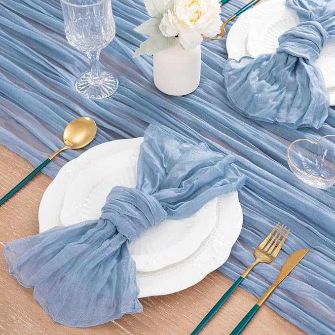 MLMC 8 Pack Dusty Blue Table Runner 10ft Boho Gauze Cheesecloth Table Runner 35x120 Inches Rustic Cheese Cloth Centerpiece for Wedding Bridal Shower Baby Shower Party Decor