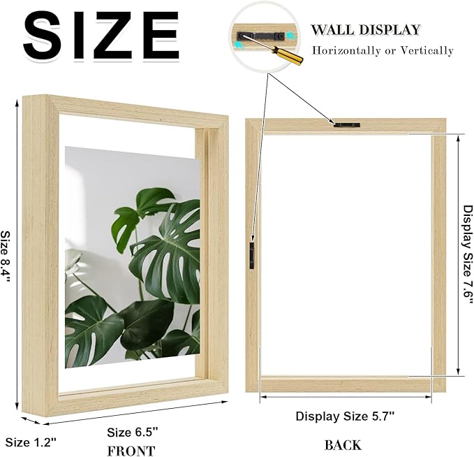 Egofine 6x8 Floating Frames Set of 2, Double Plexiglass Picture Frame, Made of Solid Wood Display Any Size Photo up to 6x8, Wall Mount or Tabletop Standing, Natural Wood
