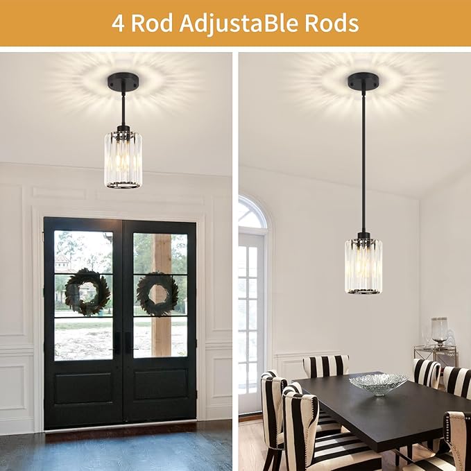 Black Pendant Light, Modern Crystal Pendant Lights Kitchen Island Lighting, Hanging Light Fixtures Mini Chandelier Pendant Lights for Island Dining Room Hallway Bedroom