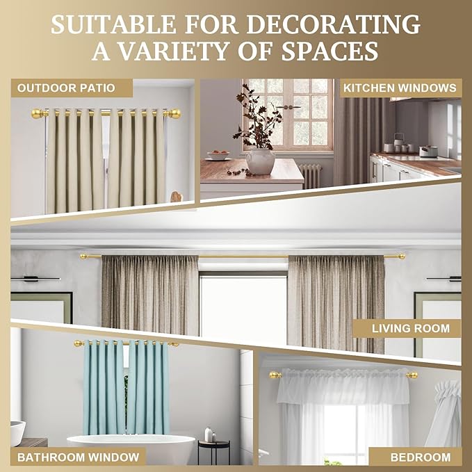 Curtain Rods for windows,1" Diameter Curtain Rod, 32-240" Standard Decorative Window Curtain Rod Set with Brackets for bathroom Kitchen Bedroom Window, Gold
