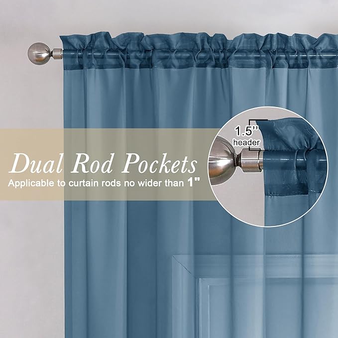 Lecloud Dusty Blue Sheer Curtains 72 Inches Long 2 Panels, Light Filtering Voile Curtain Drapes for Kitchen Bedroom Windows, Dual Rod Pocket Living Room Sheer Curtains, 40 W x 72 L Inches
