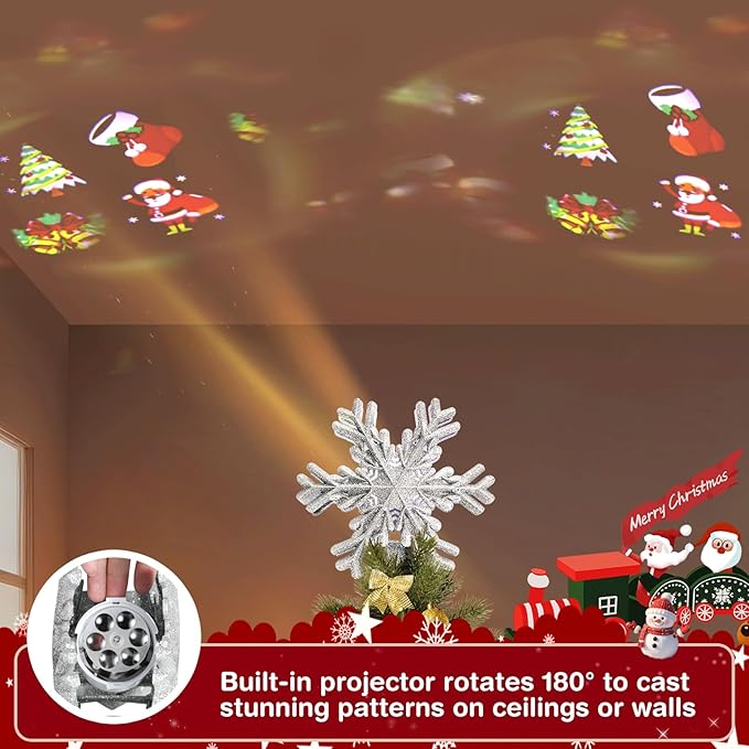 Christmas Tree Toppers Lighted with Silver Snowflake Projector, Built-in 180° LED Rotating Projector Christmas Tree Decoration, Design for Xmas Holiday Christmas Tree Decoration(Silver)