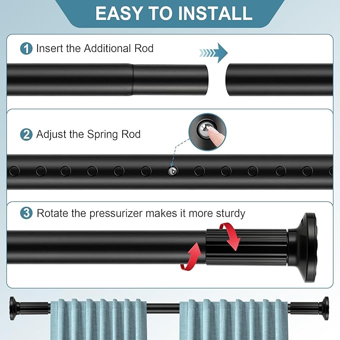 ZOCONE Tension Curtain Rod 51-168 In (4.25-14 Ft), Extra Long Outdoor Curtain Rod No Drilling for Patio Window, Adjustable Shower Curtain Rod for Bathroom, Tension Rod Diameter 1.26In Never Rust,Black