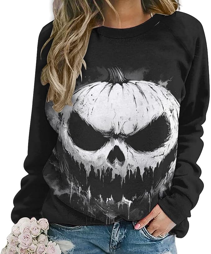 Halloween Sweatshirts for Women Funny and Spooky Print Crewneck Oversized Pullover Outdoor Lounge Fashion Sweater