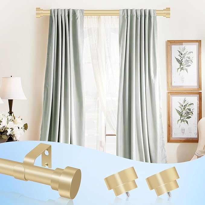 2 Pack Gold Curtain Rods for Windows 66 to 120 Inch(5.5-10ft), 1 Inch Heavy Duty Curtain Rods, Long Adjustable Curtain Rod, Modern Drapery Rods, Telescoping Window Curtains Rod 30-120",Brass Gold