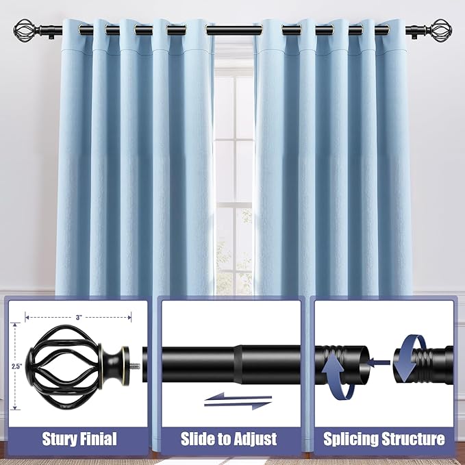Black Curtain Rods for Windows 48-90Inch(4-7.5ft), Heavy Duty 1 Inch Adjustable Curtain Rod, Decorative Window Rods for Living Room, Bedroom, Dining Room & Patio